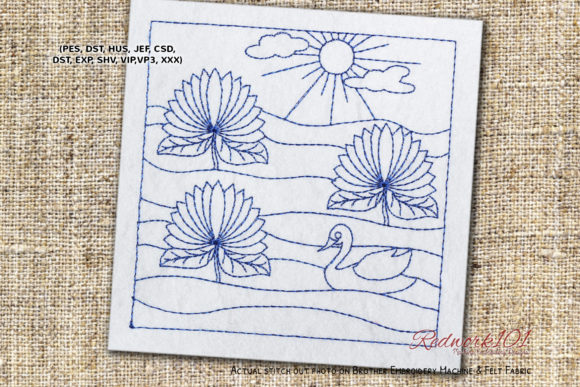Beautiful Lake with Lotus Flowers Embroidery